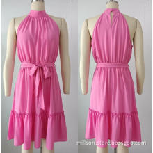 Woven Pink Sleeveless Belt Ruffles Dress